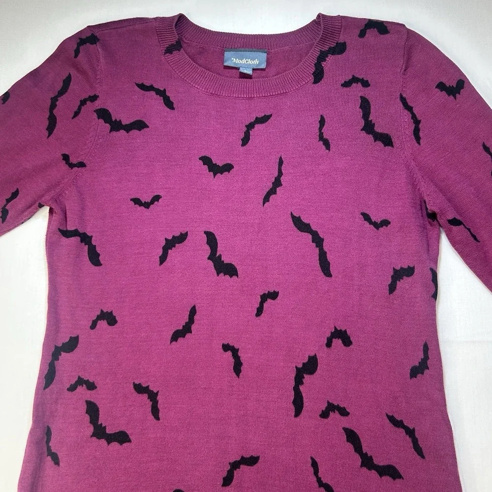 Modcloth Bat Dress Large Knit Midi Sweater Bodycon Purple Goth Witch Halloween - Picture 4 of 16